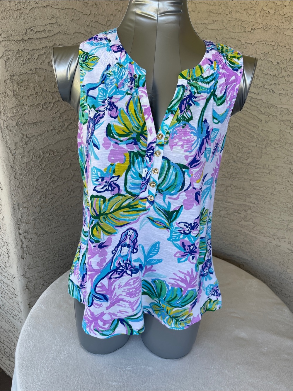 Lilly Pulitzer Sleeveless Henley Tank in White, Pink, Blue & Green Floral